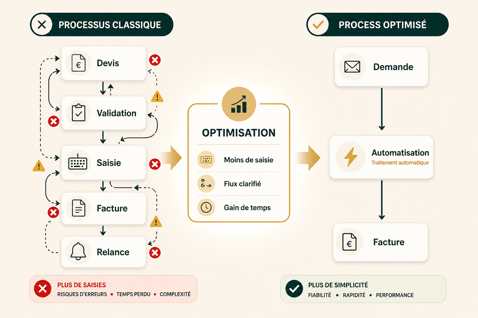 Schéma Optivmoi : processus classique avec ressaisies transformé en processus optimisé